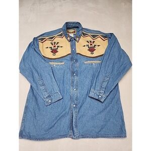 Vtg Shooter Pearl Snap Denim Western Shirt W/Southwestern-style Leather